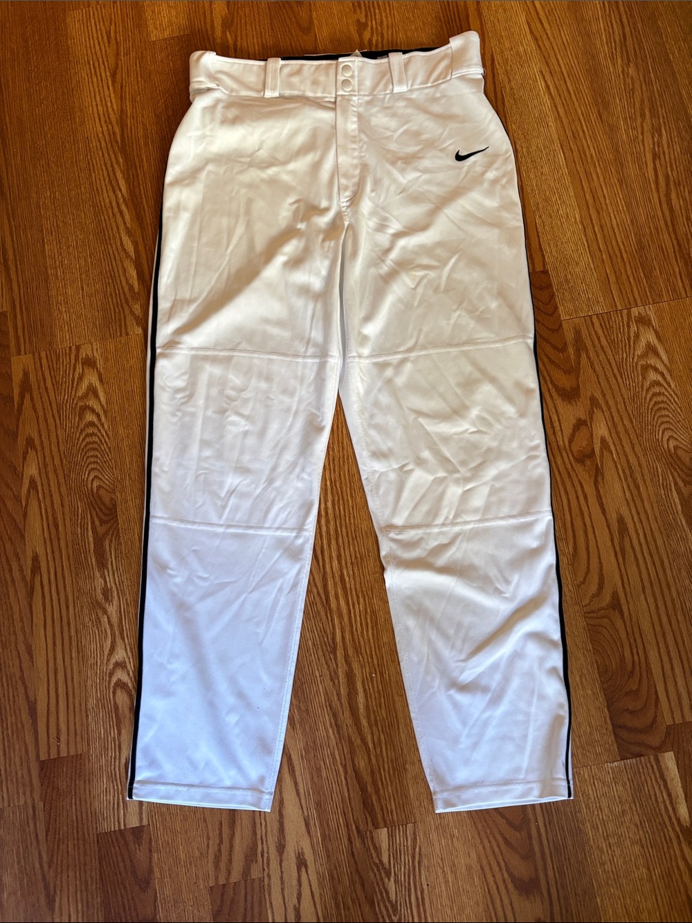 Nike Men’s White Athletic Pants with Black Swoosh and Side Stripe